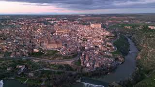 Toledo (Spain) at sunset from the air at 4K