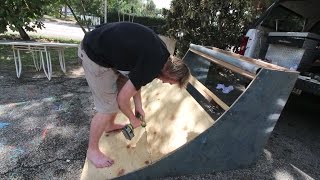 I show you how to build a quarter pipe for less than $15. Most of the materials I trash picked I only bought one piece of plywood. 