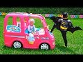 Nikita in a pink car meets superheroes