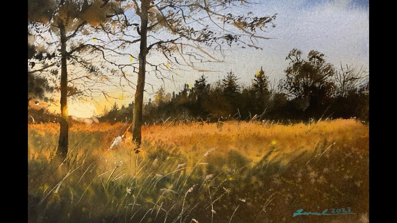 Watercolor painting tutorial - Sunset landscape