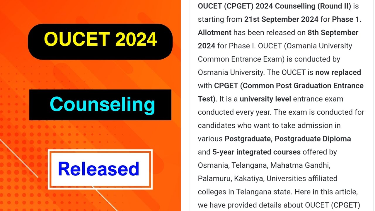 OUCET 2024 Counseling Started | OUCET 2024 Counseling Declared by MDE