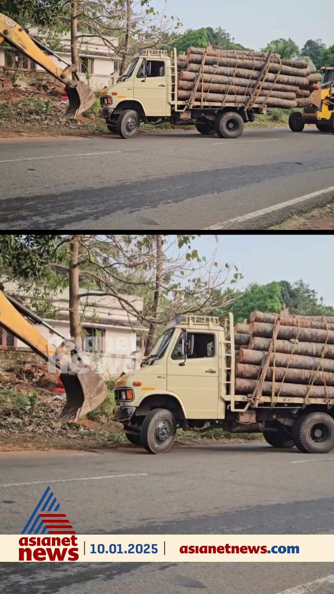 എയറിലായി തടിലോറി; പാലക്കാട് തൃത്താലയിൽ അമിതഭാരം കയറ്റിയ ലോറിയുടെ മുൻവശം ഉയർന്നപ്പോൾ
