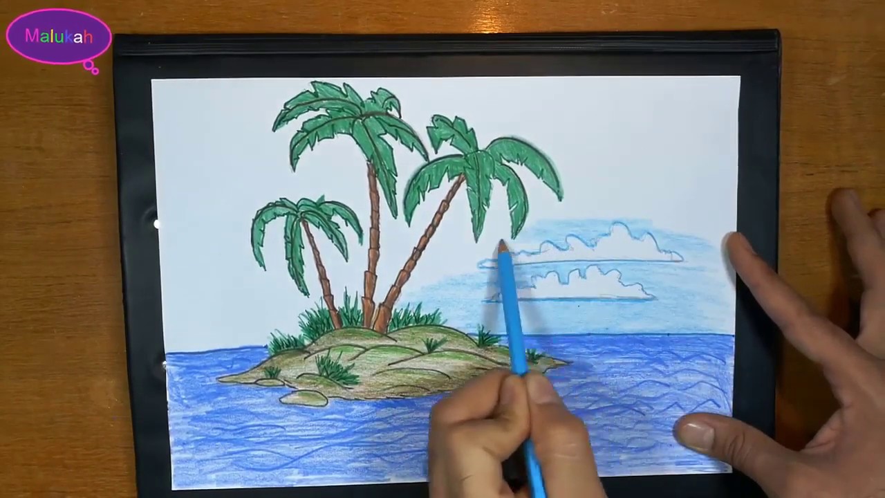 رسم منظر طبيعي لشاطئ البحر!! Landscape drawing of the seashore 