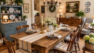 🌿 Rustic Farmhouse Dining Room Ideas: Wooden Table, Linen Runner & White Summer Flowers