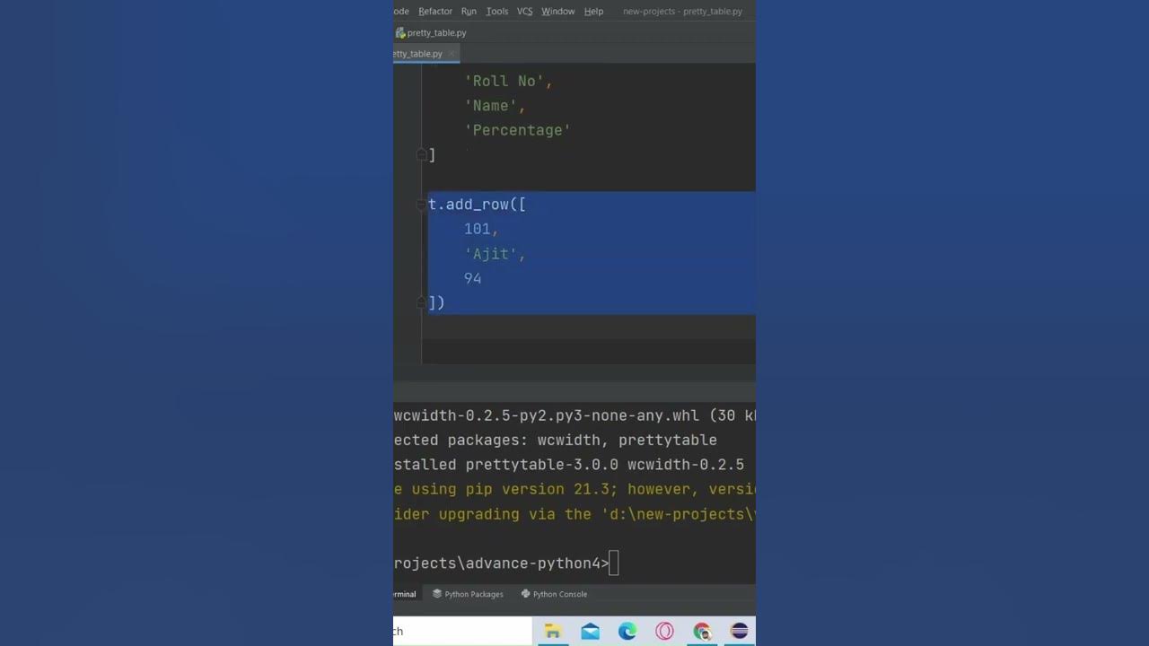 Create tables using python | pretty table - YouTube