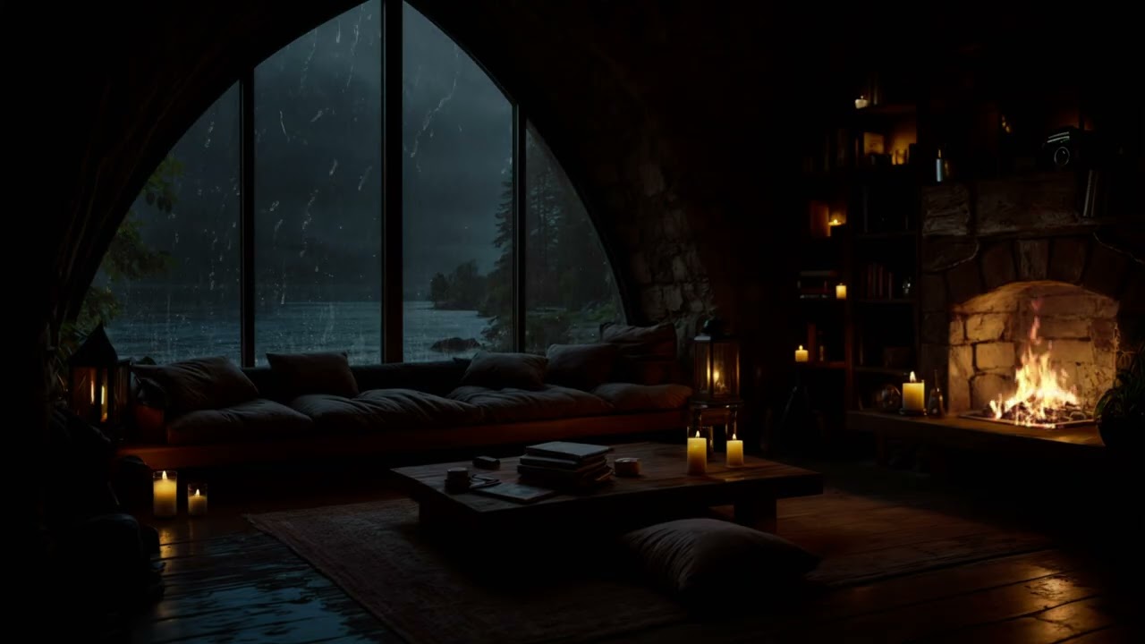 🔥🌧️ Rainy Forest Glass Cabin for Deep Sleep | Fireplace Glow & Full-Body Relaxation