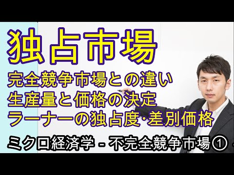 独占市場での利潤最大化行動・ラーナーの独占度・差別価格【不完全競争