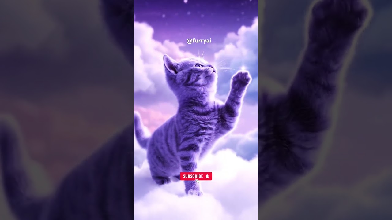 Astral Wings” – Lavender kitten in dreamscape sky becomes a flying constellation cat.