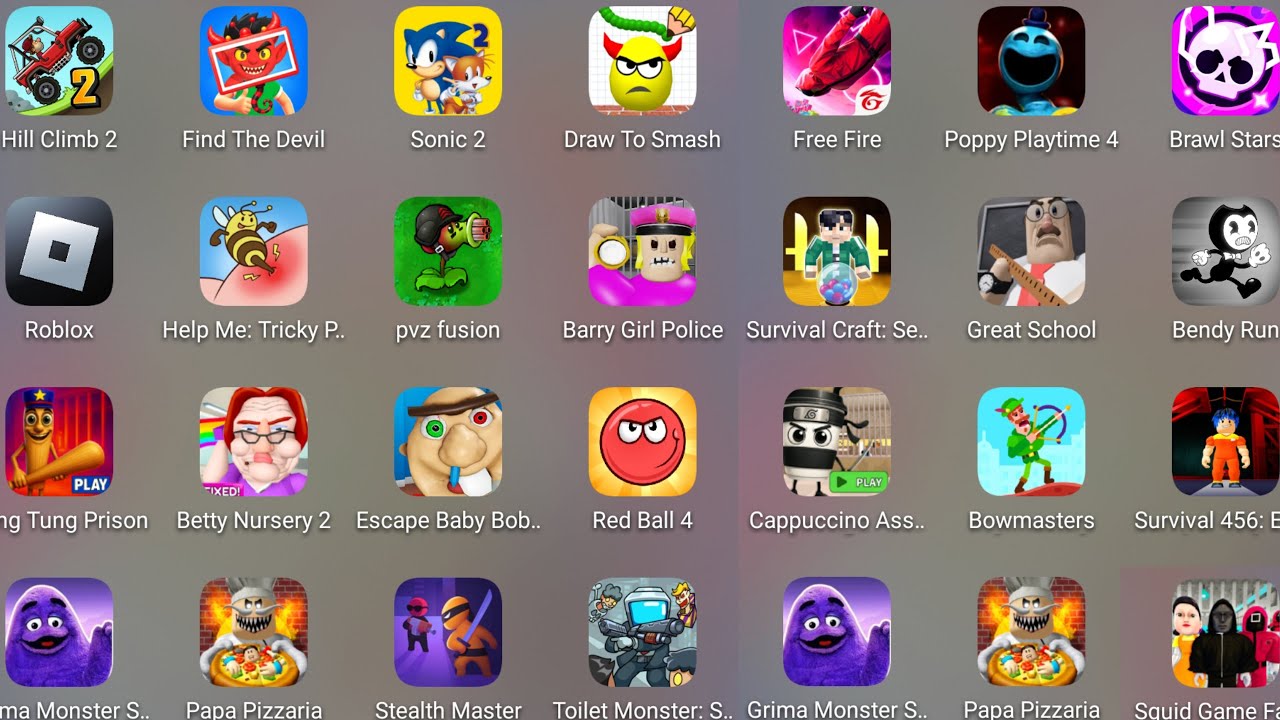 Roblox,Squid Game Family,Baby Bobby's Daycare,Poppy Playtime 4,Grimace Monster,Barry's Police Girl..