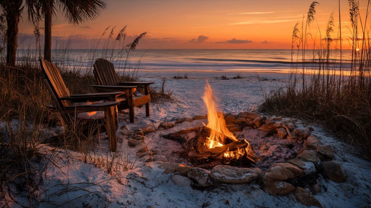 Cozy Beach Bonfire at Sunset | Relaxing Ocean Waves & Crackling Fire | 8-Hour 4K Loop | No Music
