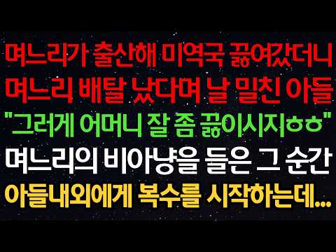 며느리가 출산해 미역국 끓여갔더니 며느리 배탈 났다며 날 밀친 아들 “그러게 어머니 잘 좀 끓이시지ㅎㅎ” 며느리의 비아냥을 들은 그 순간 아들내외에게 복수를 시작하는데…