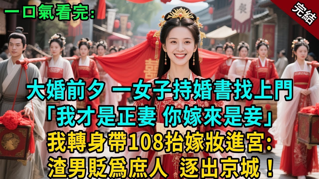 完結古言爽文：大婚前夕，一女子持婚書找上門：'我才是正妻 你嫁來只能做妾！ '我沒理閙，轉身帶108抬嫁妝進宮 ，次日聖旨下來： 渣男貶爲庶人，逐出京城！