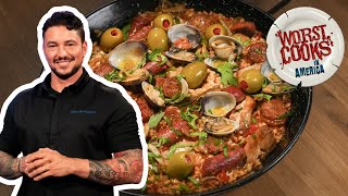 Gabe Bertaccini's Paella with Chicken, Chorizo and Clams | Worst Cooks in America | Food Network