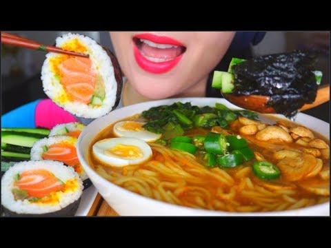 ASMR SHOYU RAMEN + SALMON AVOCADO SUSHI ROLLS + CUCUMBER SEAWEED + ROOIBOS TEA |  ????? | ??