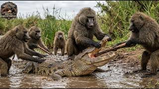 Baboon Uses Rocks and Mud to Defend Its Troop From a Crocodile | Animal Fights