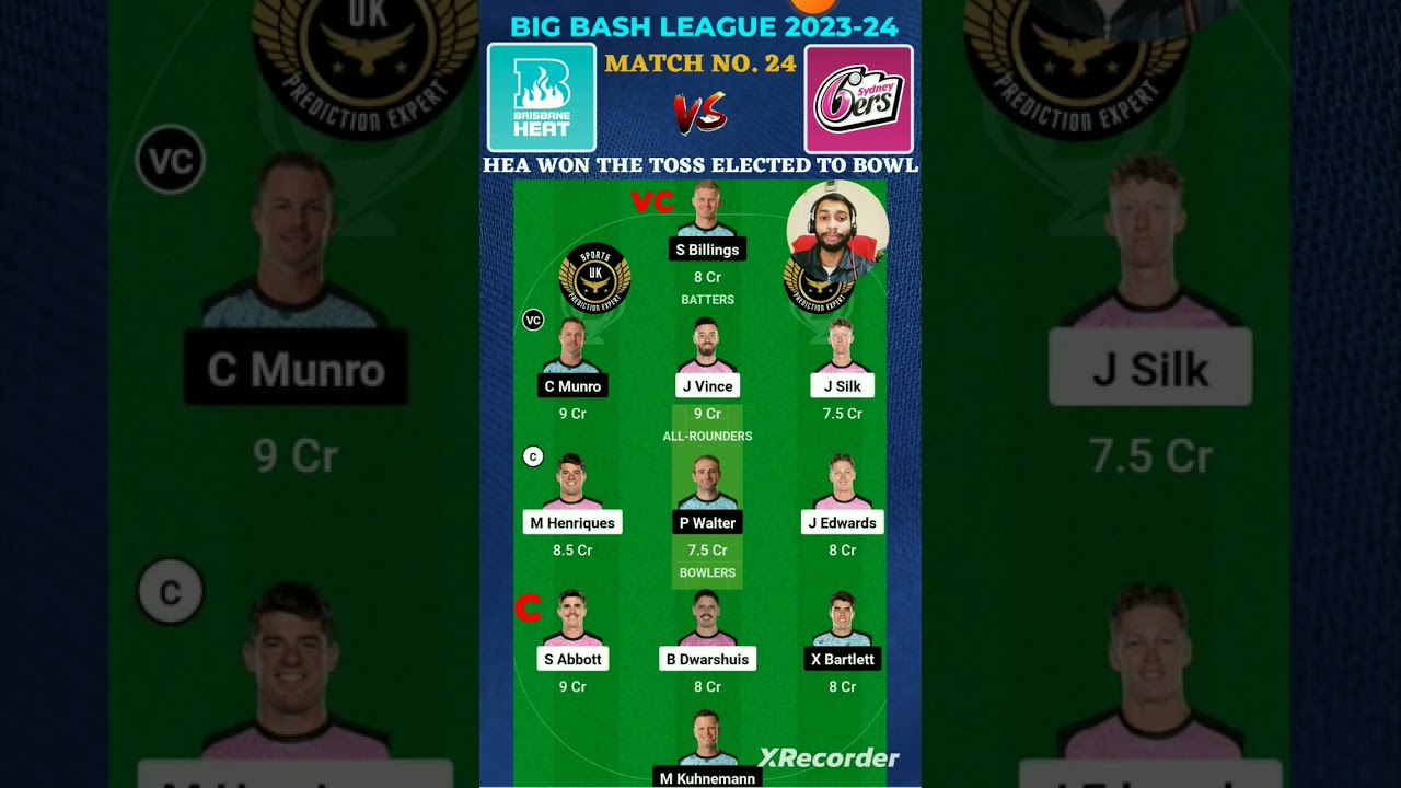 GL Team for SIX vs HEA Match No.24 😎 BBL 2023 Dream11 Prediction Dream11 GL Team 