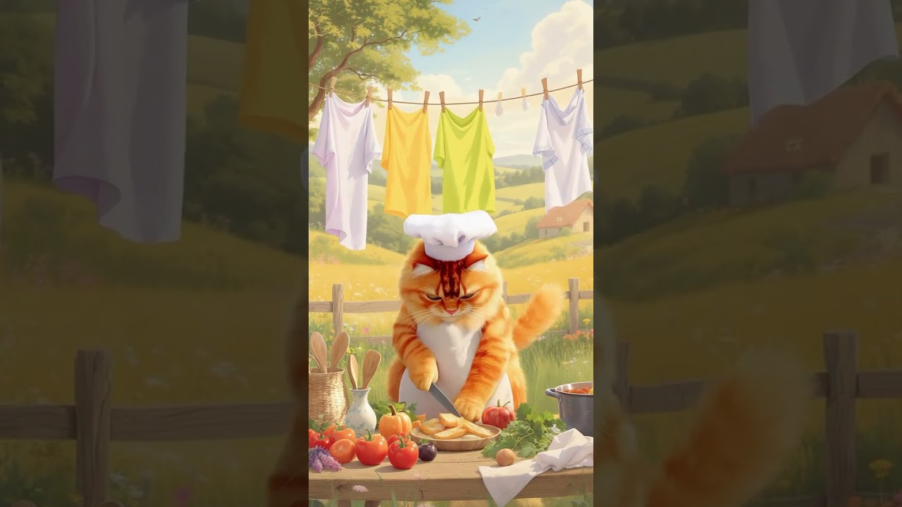 Adorable orange cat cooking in the countryside 
