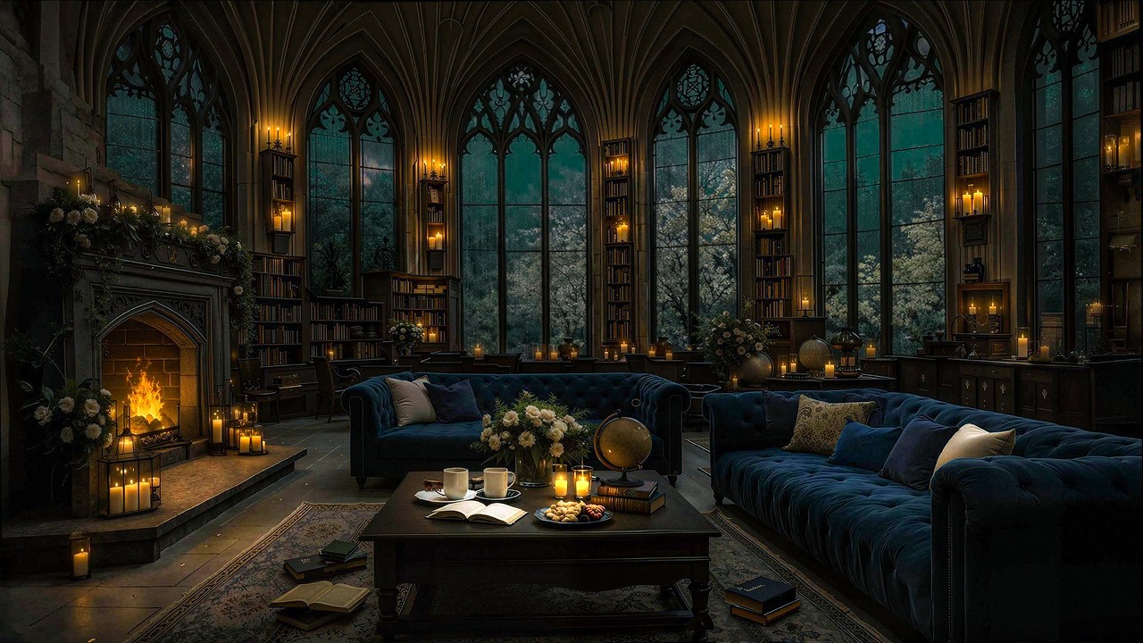 Exquisite Spring Gothic Library Night Study 🕯️ Rainy Dark Academia Music for Focus & Relax