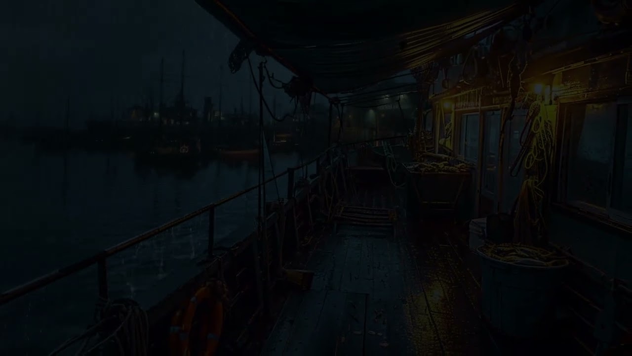 Say goodbye to stress with relaxing sounds by the boat, falling asleep at a rainy harbor night.