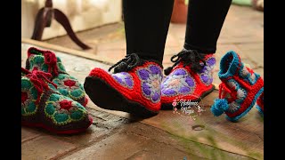 (Pantuflas con Flor Africana) Paso a paso en crochet.