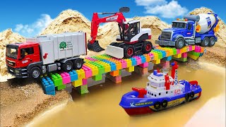 Excavator, Dump Truck, and Crane Truck Build a Bridge Together | Toy Car Story | Mega Trucks