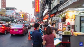 Bangkok Chinatown Yaowarat Thailand. Thai Street Food. Chinese Evening Market Walking. Vendor Stalls