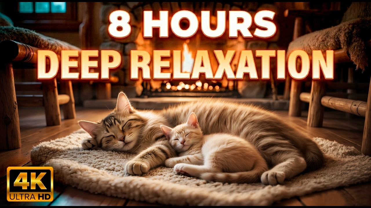 🐱 Cozy Cat & Kitten Sleeping by the Fireplace 🔥 8 Hours of Deep Sleep (4K)