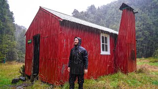 Torrential Rainstorm Camping In Remote Cabin  Forced To Shelter  Heavy Rain