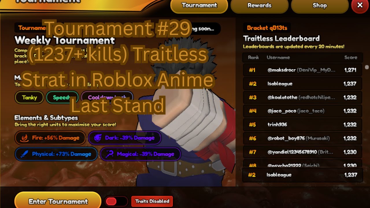 Tournament #29 (1237+ kills) Traitless Strat in Roblox Anime Last Stand