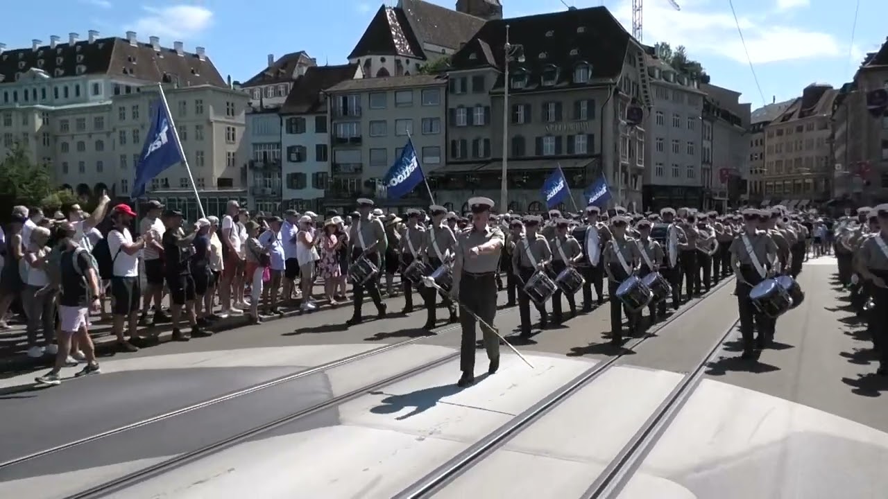 The Band of HM Royal Marines  at Streetparade Basel Tatoo 2025 crossing the Bridge
