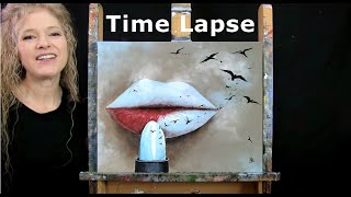 TIME LAPSE - Learn How to Paint "FLY AWAY LIPS" with Acrylic - Fun Surreal Step by Step Tutorial screenshot 2