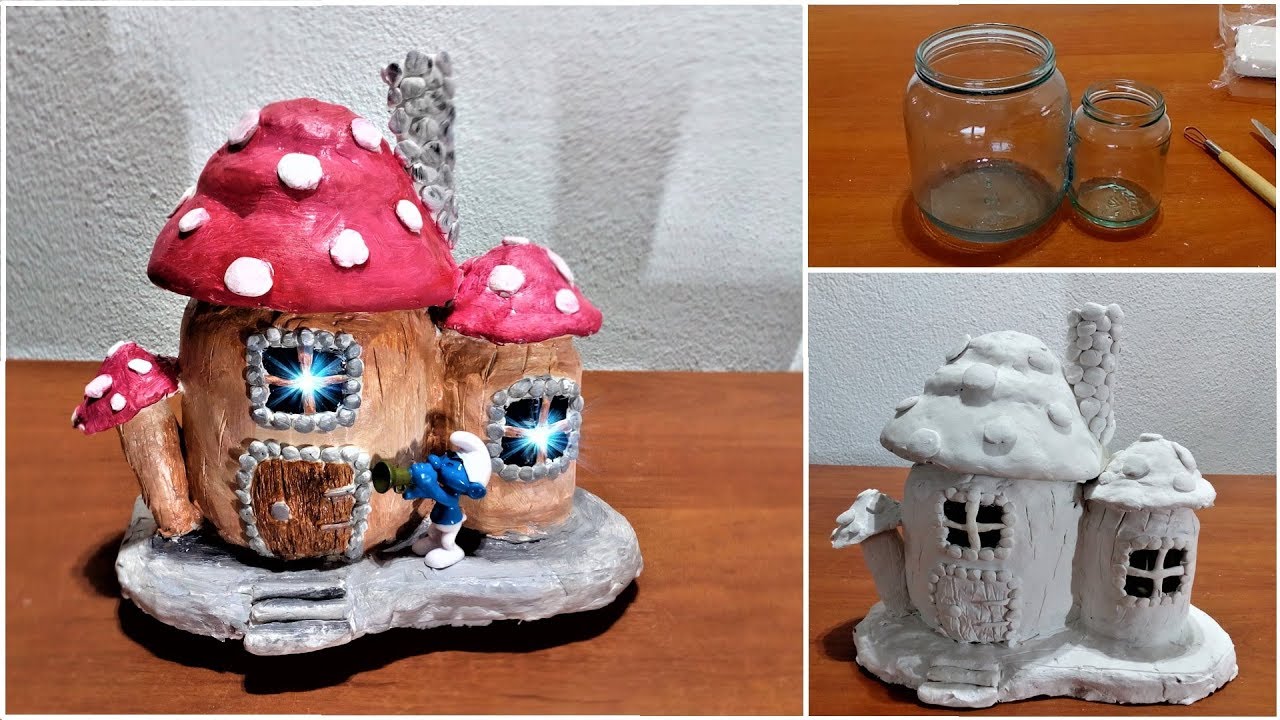 🍄 Mushroom House Made with Clay Over Glass Jar 🍄 (diy air dry clay) 