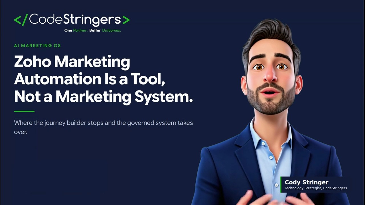 Title card: Zoho Marketing Automation Is a Tool, Not a Marketing System, with presenter Zoe Hoang