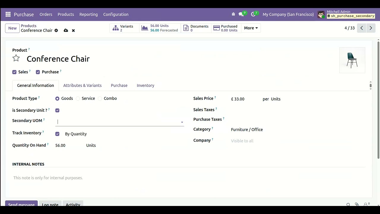 Purchase - Secondary Unit of Measure Odoo V19