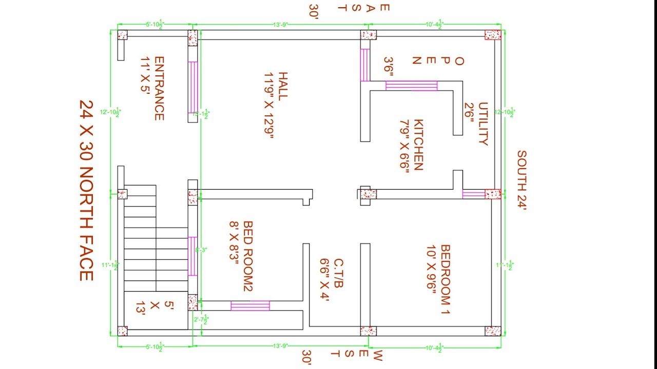 24 × 30 north face house plan 2bhk plan YouTube