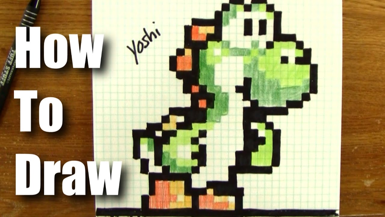 How To Draw Pixel Art Yoshi From Mario! - Step By Step - 16 Bit not 8-bit - Kids Draw