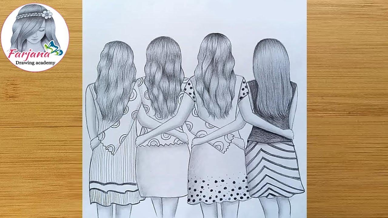 sketch drawing, girl drawing, Drawing, sketch of four friends, كيفية رسم اف...