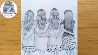 Best friends❤ pencil Sketch Tutorial || How To Draw four Friends Hugging Each other