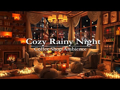 Night Autumn Jazz Music at Coffee shop Ambience | Relaxing Rain Night & Piano Jazz Music for Sleep