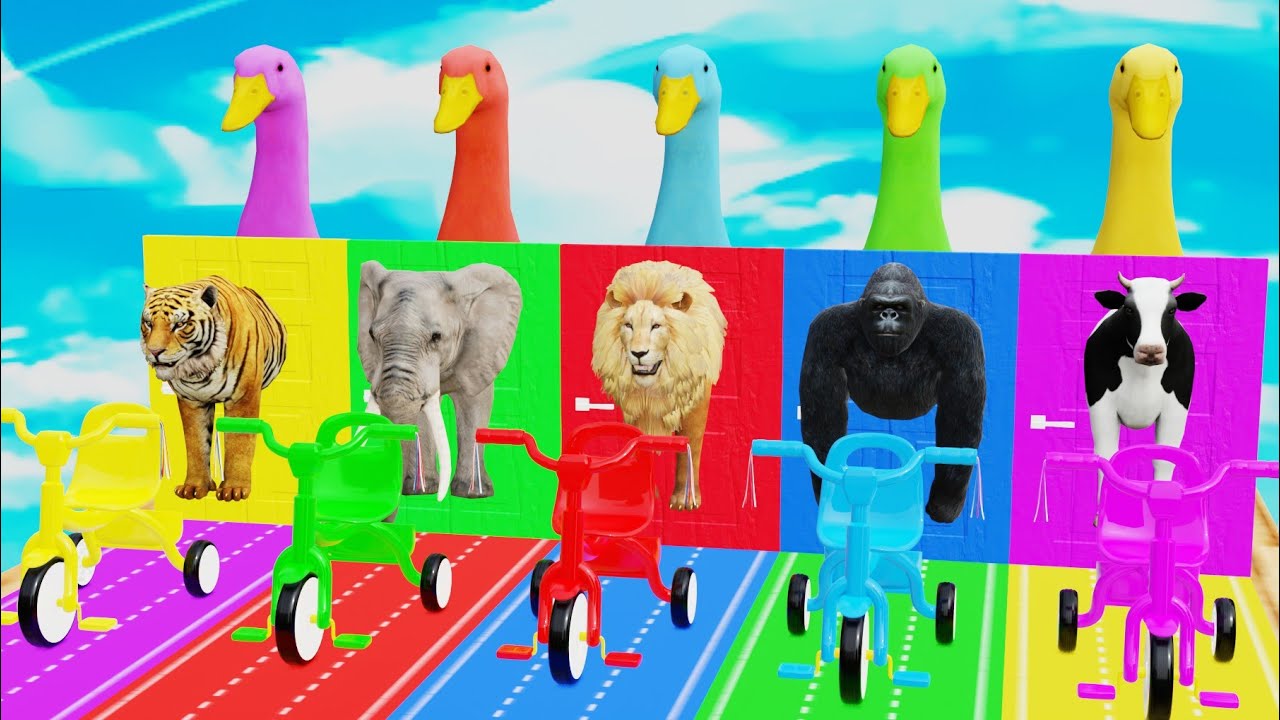 5 Giant Duck Cartoon, Cow, Elephant, Lion, Dinosaur - Paint Wild Animals Crossing Fountain Animation