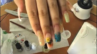 ASMR doing my nails w/ acrylics for the first time|flowers n glitter nails