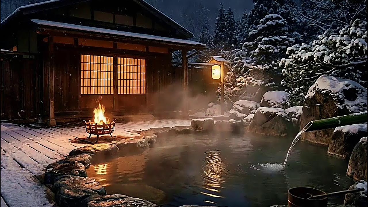 Winter Serenity: A Peaceful Japanese Onsen Under Falling Snow ❄️♨️🏯