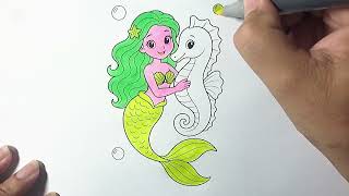 Coloring a mermaid and seahorse with art markers 🎨