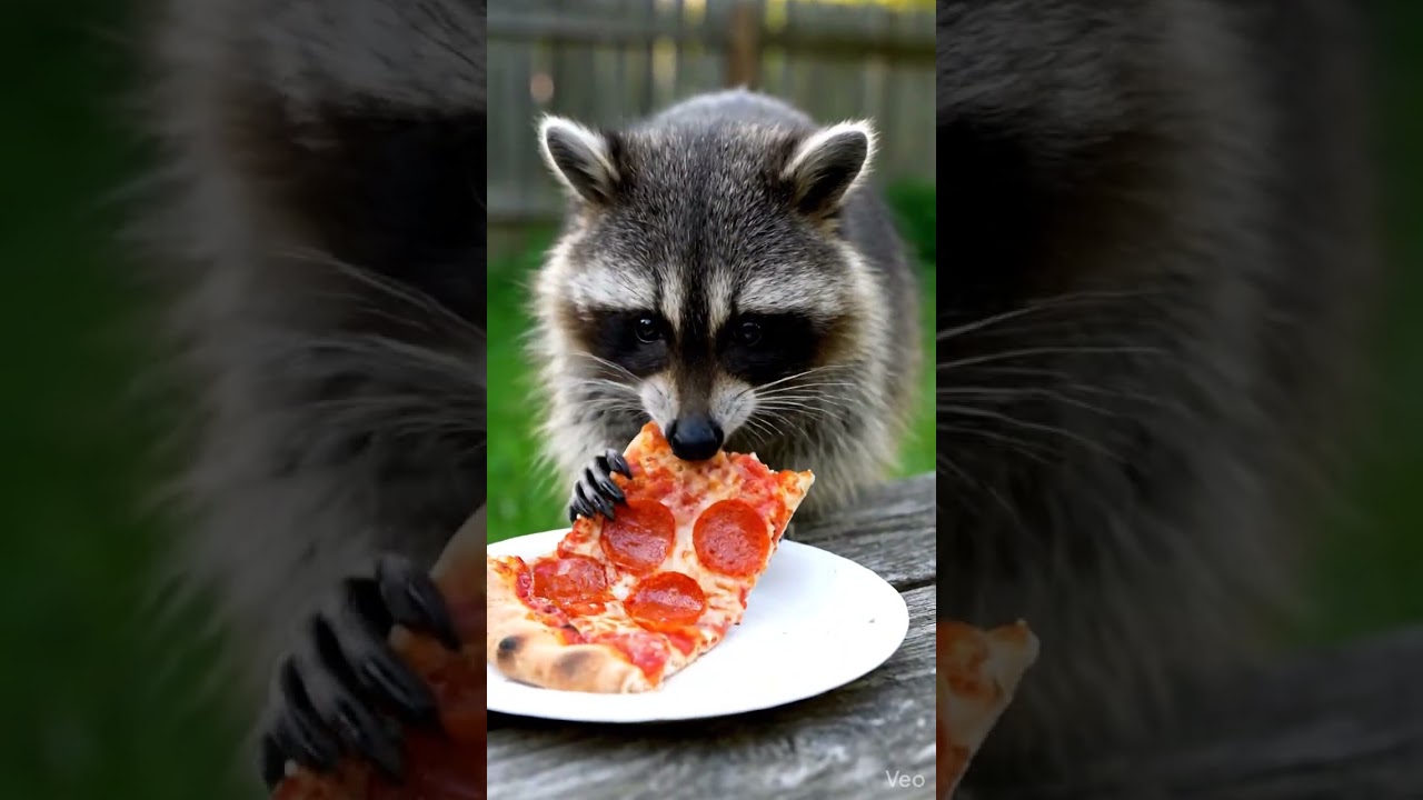 Realistic AI video of a racoon eating a pizza.