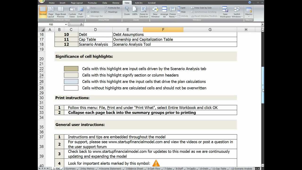 Startup Financial Model Table of Contents Video