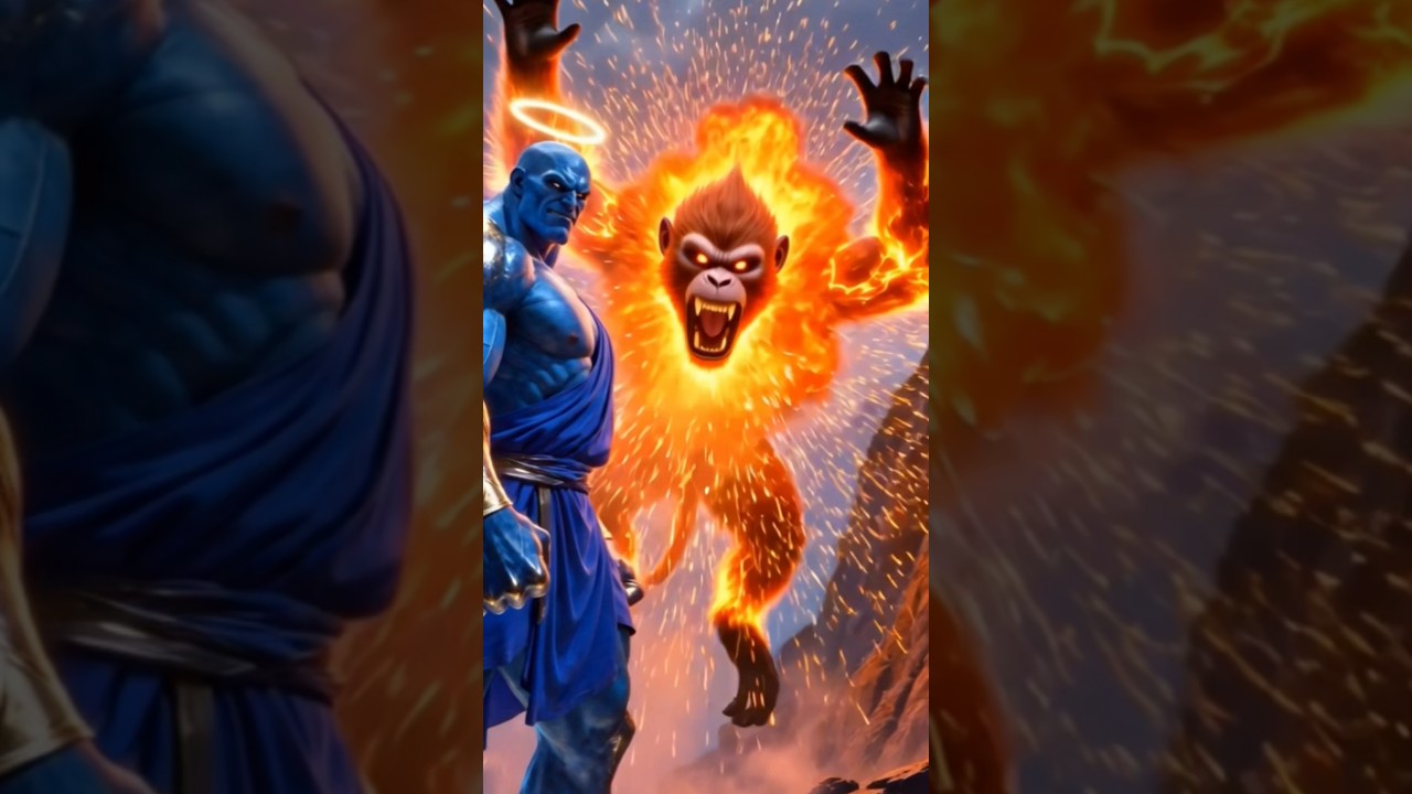 Blue giant fighting with giant fire monkey can't win giant man 