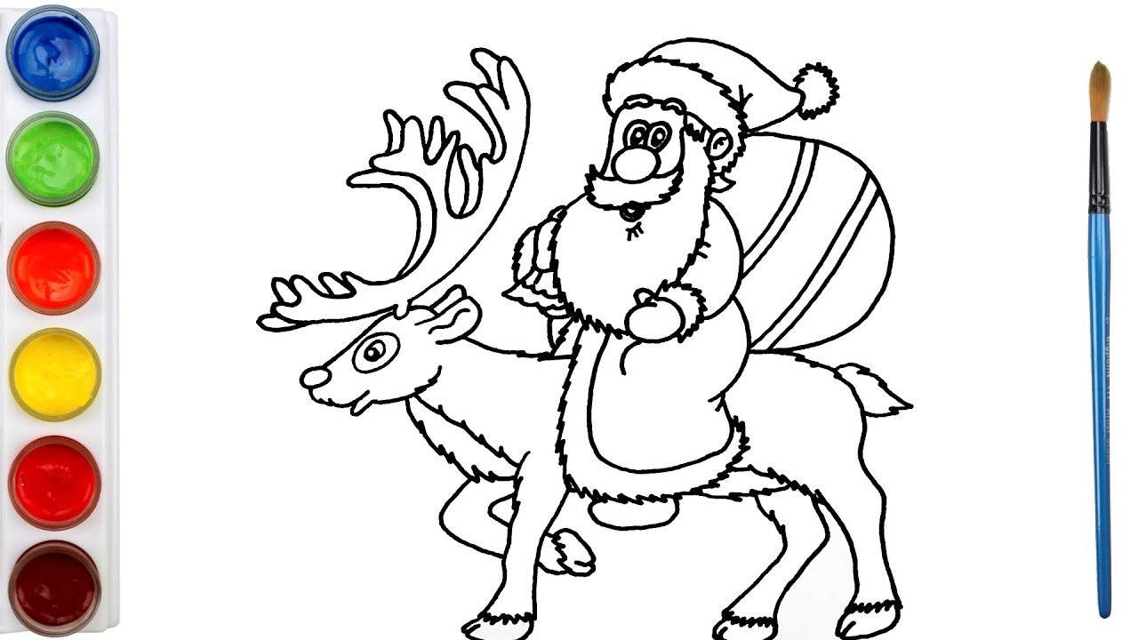 Santa Riding A Drawing Santa Riding Reindeer - Drawing and Coloring for Kids Toddlers ...