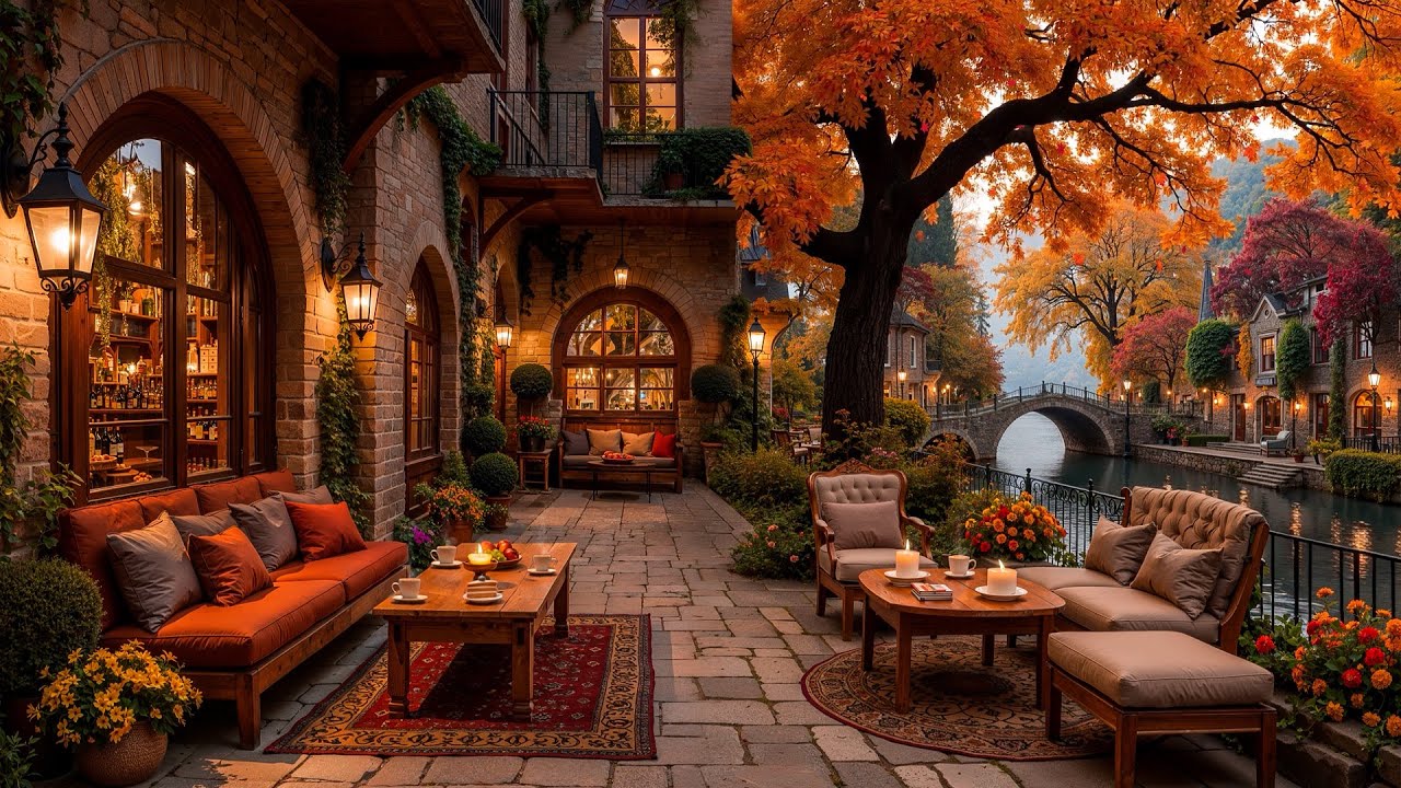 Peaceful Autumn Morning at Outdoor Coffee Shop Ambience 🍂 Jazz Relaxing ...