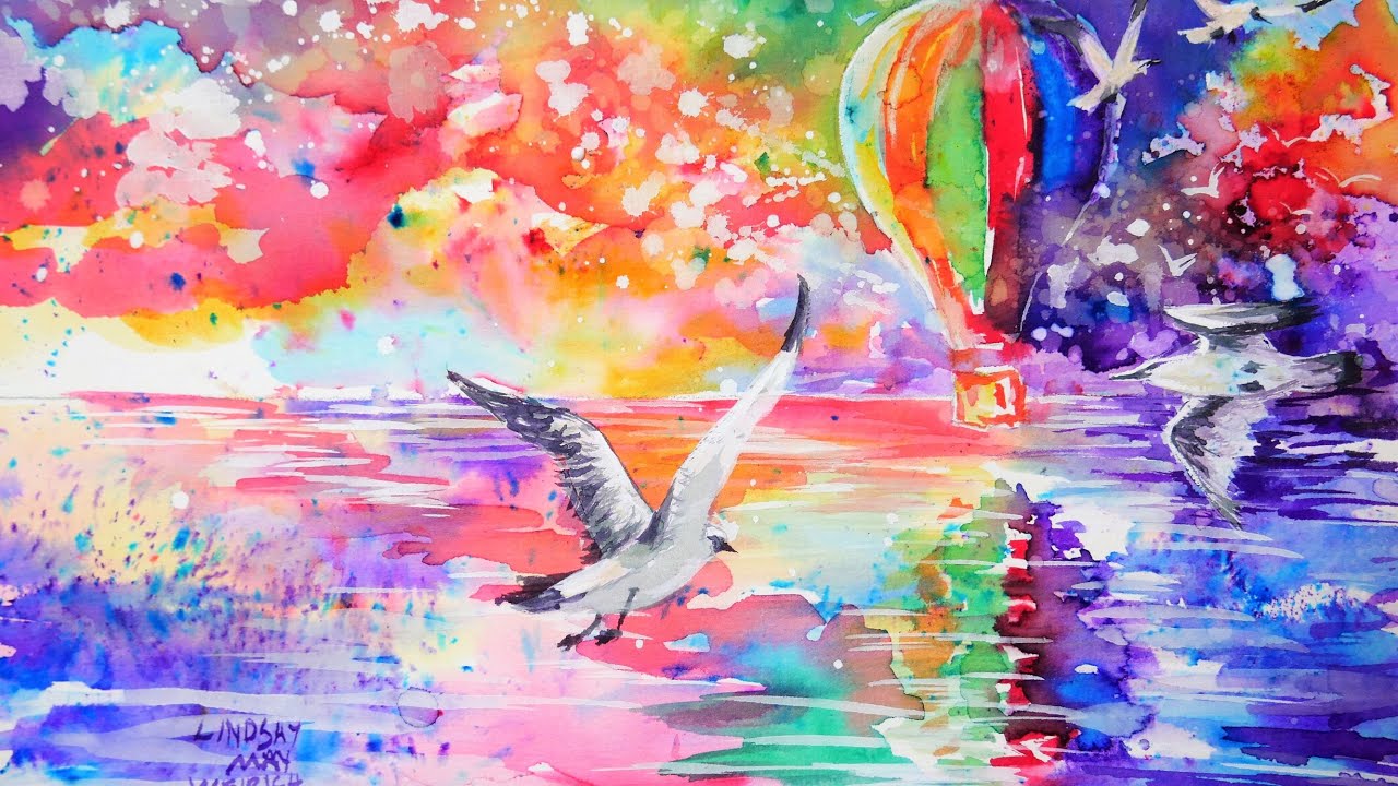 What's Brusho? Wild Colorful Sunset with Birds and Hot Air Balloon Sketchbook Sunday