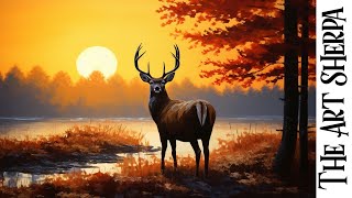 Deer at sunset lake Autumn landscape 🌟🎨 How to paint acrylics for beginners: Paint Night at Home